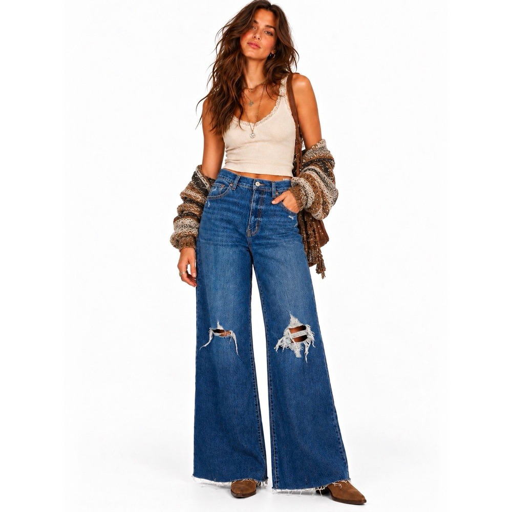DAZE Just Right Womens Wide-Leg Jeans Med Wash Blue Distressed Thrashed Denim 28
